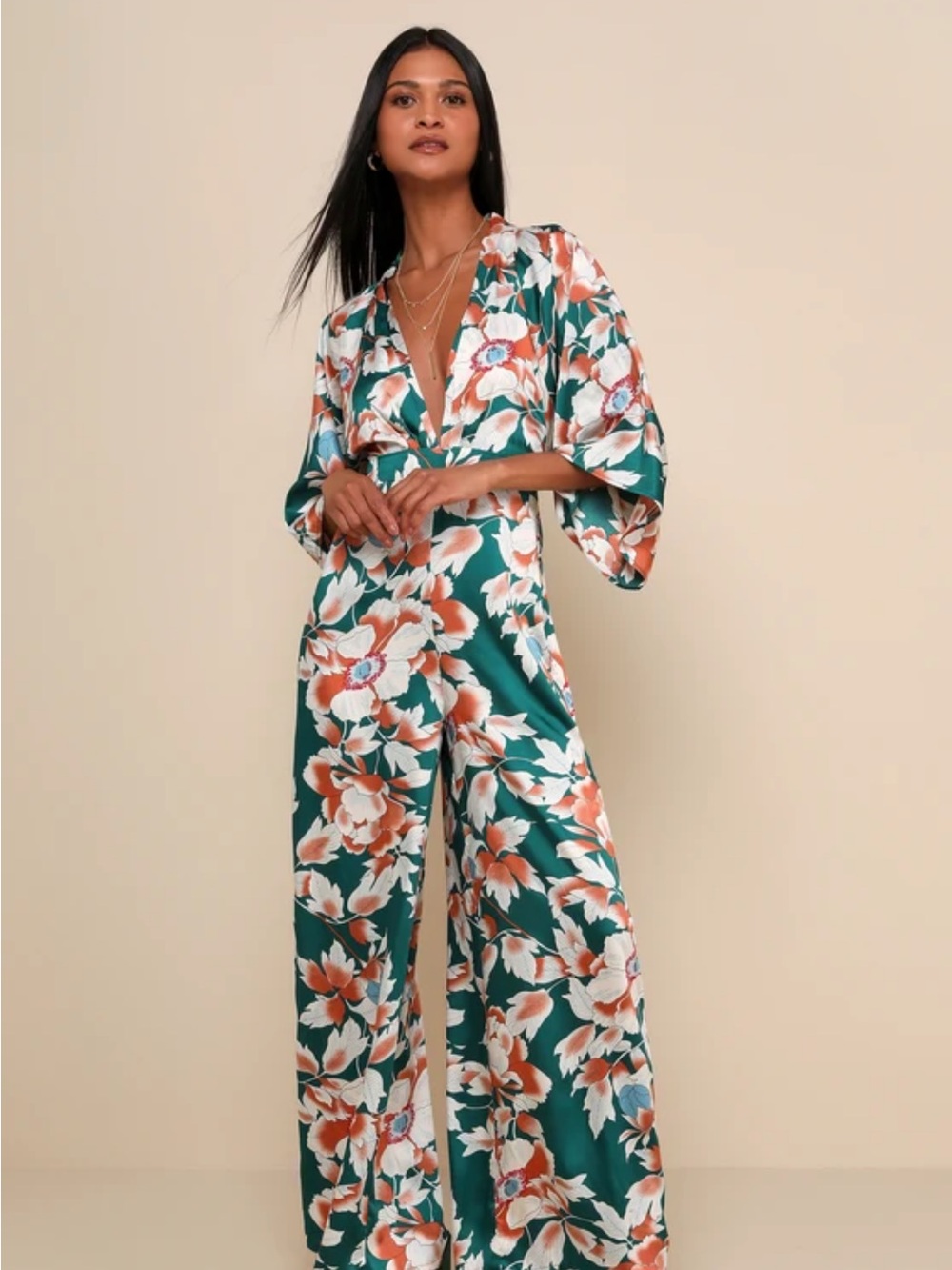 Lulu's Teal and Coral Floral Satin Wide-Leg Jumpsuit
